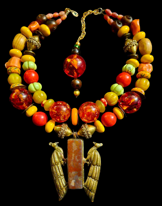 Tribal Beaded Peacock Pendant Necklace – Mixed Ethnic Elements