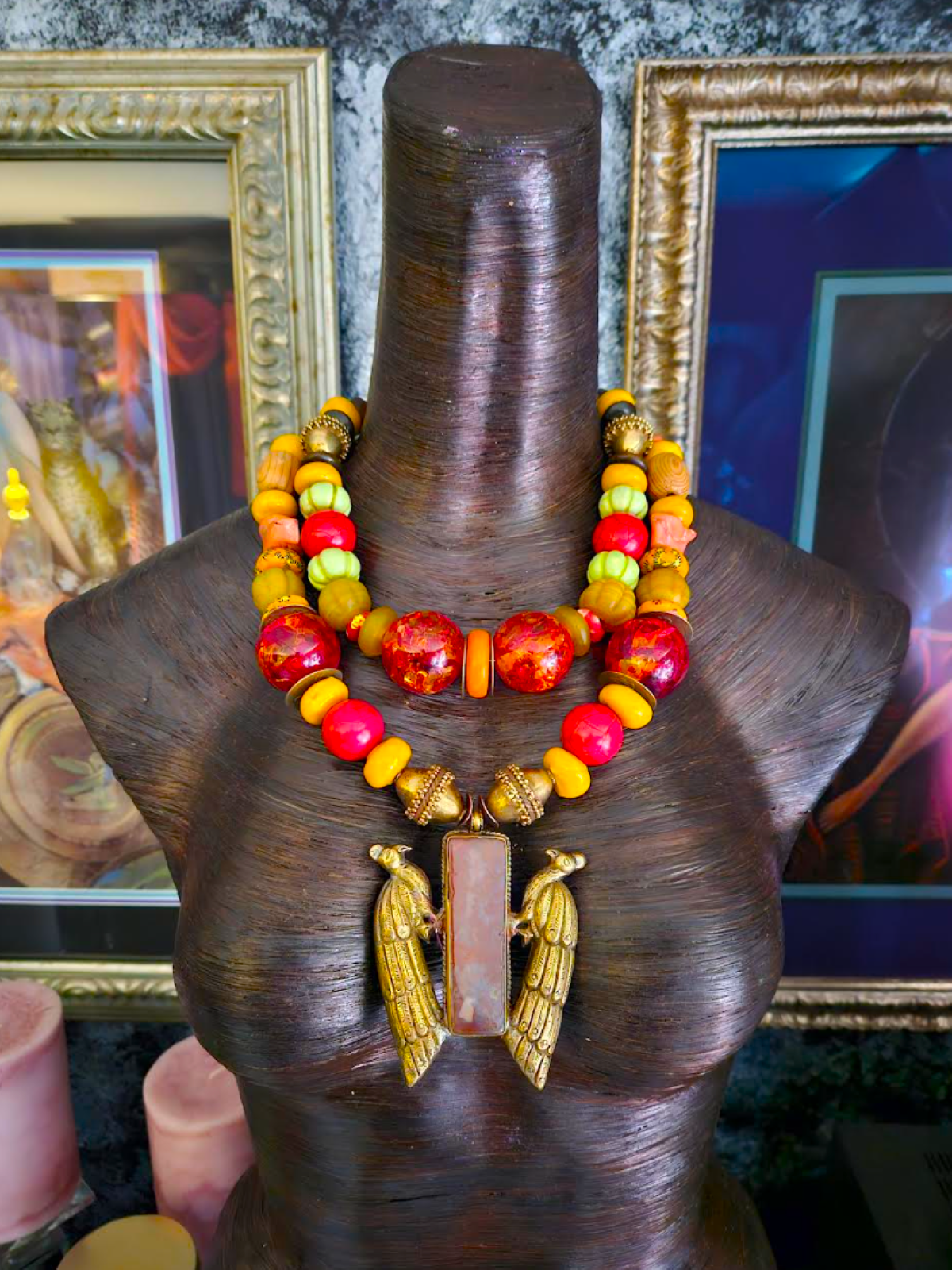 Tribal Beaded Peacock Pendant Necklace – Mixed Ethnic Elements