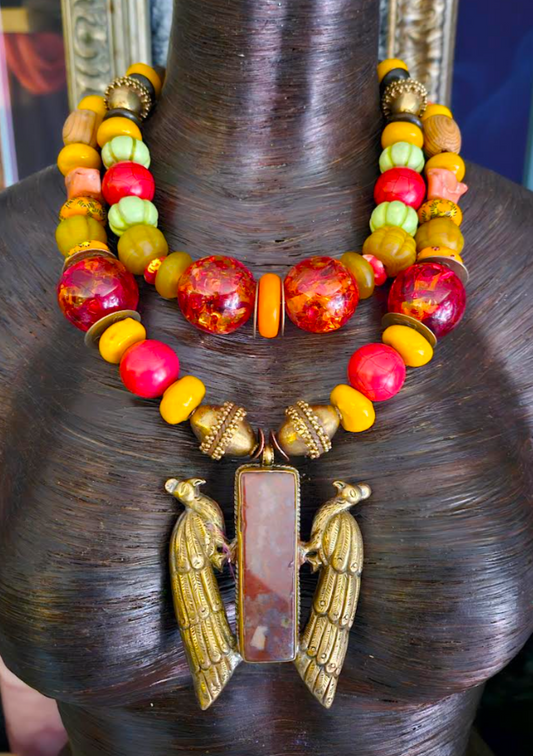 Tribal Beaded Peacock Pendant Necklace – Mixed Ethnic Elements