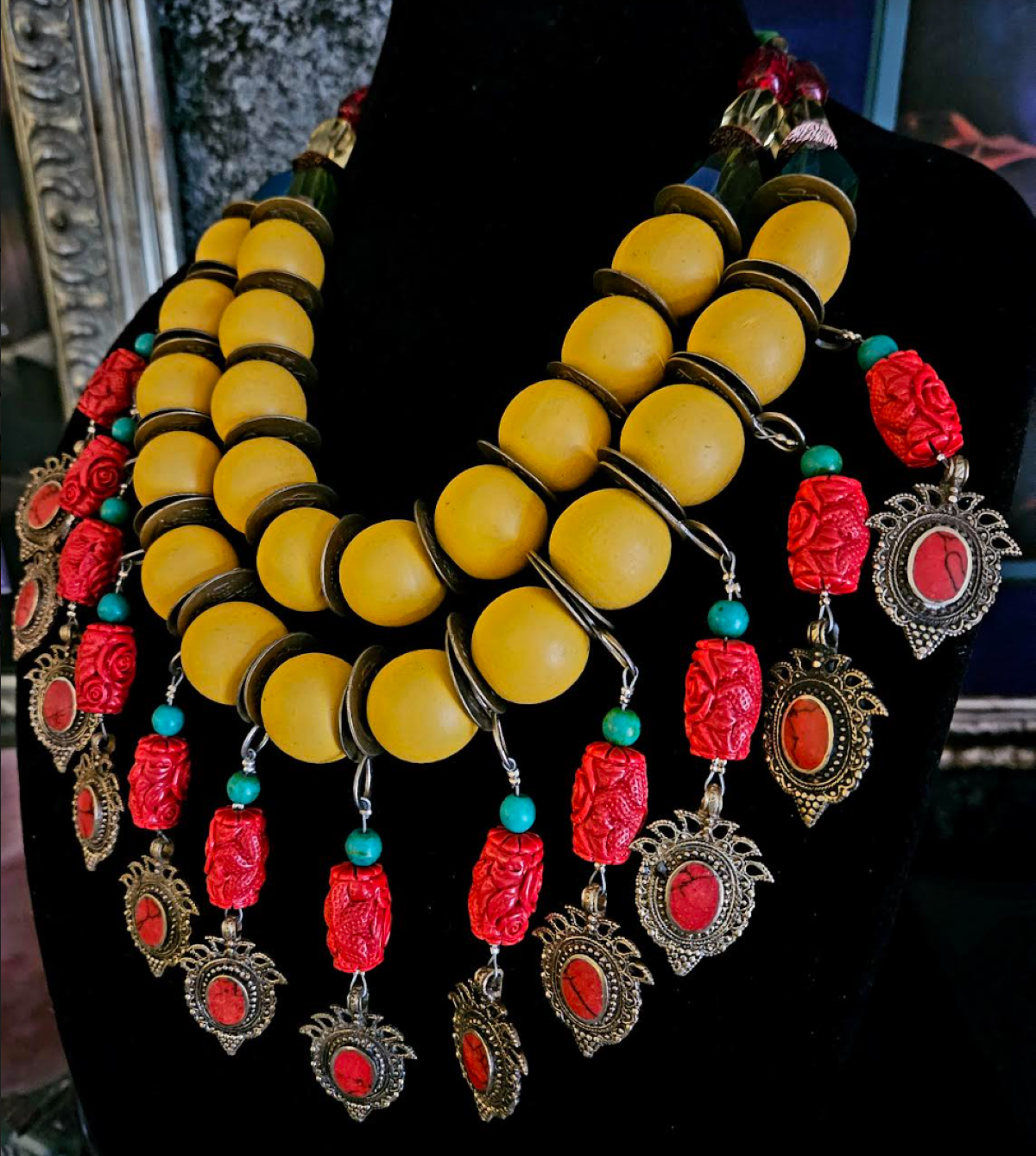 Yellow Red Green Bead Dangle Tribal Luxury Necklace - Bespoke Couture
