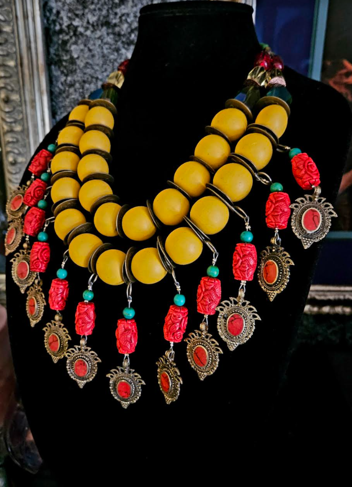 Yellow Red Green Bead Dangle Tribal Luxury Necklace - Bespoke Couture