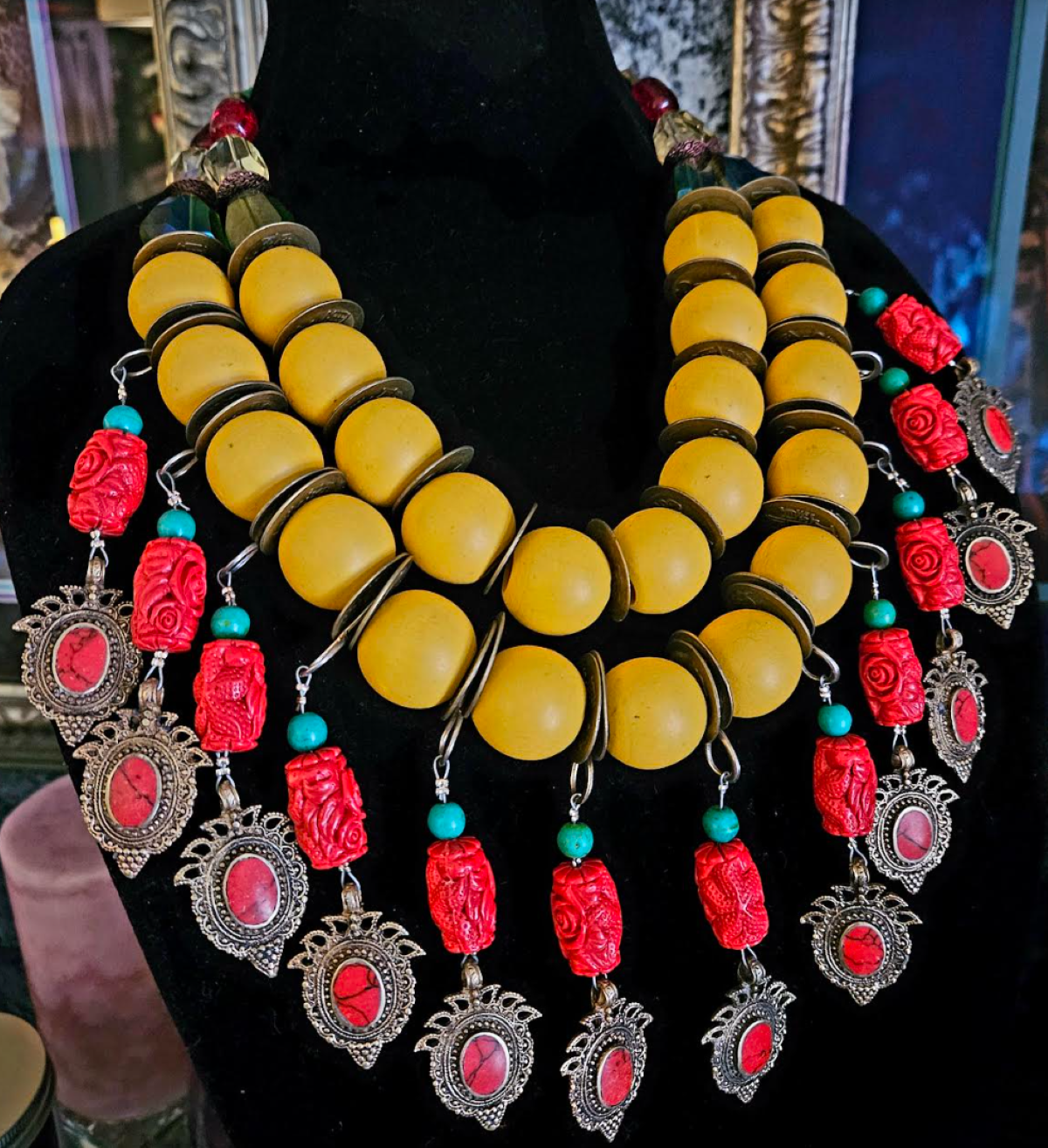 Yellow Red Green Bead Dangle Tribal Luxury Necklace - Bespoke Couture