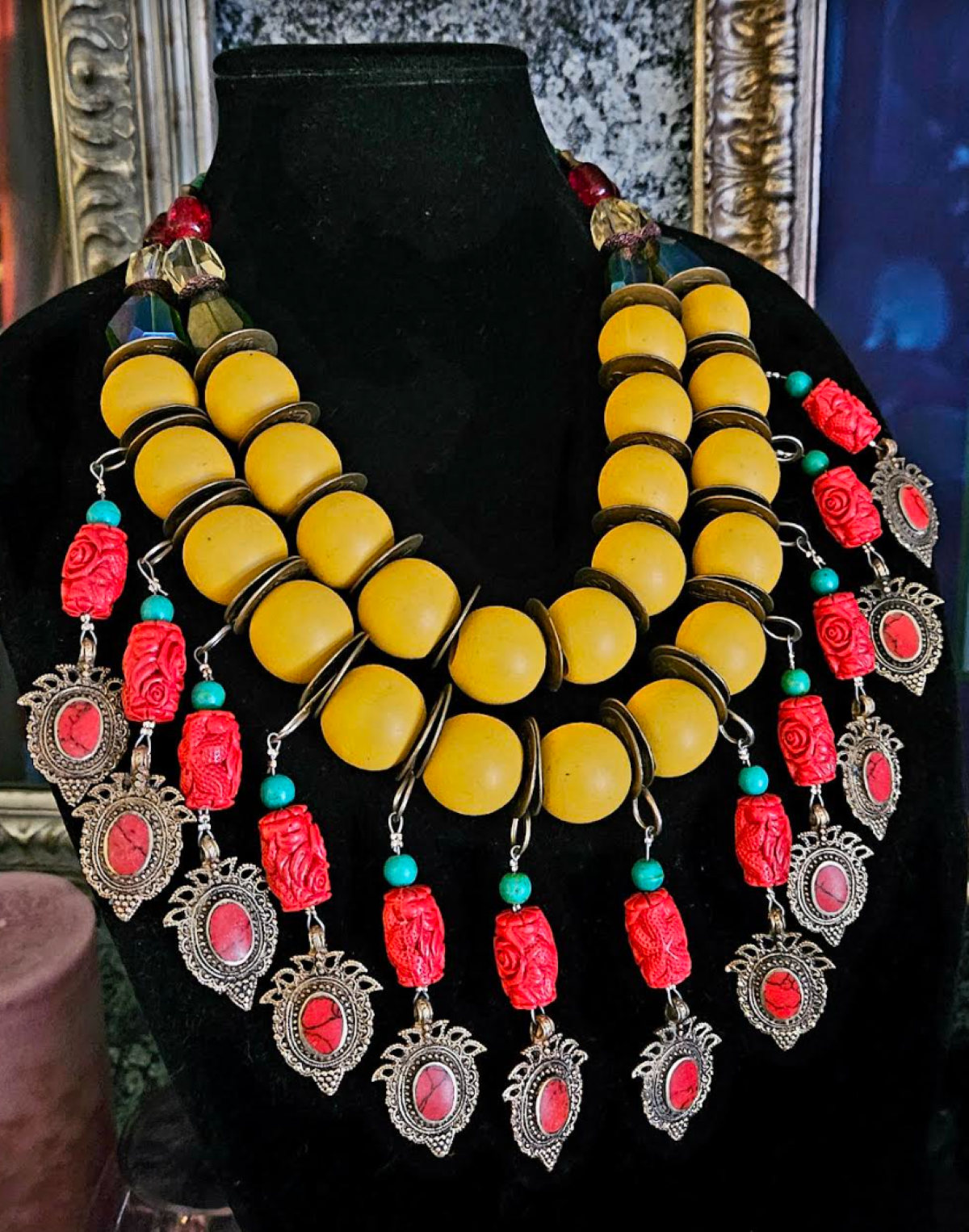 Yellow Red Green Bead Dangle Tribal Luxury Necklace - Bespoke Couture