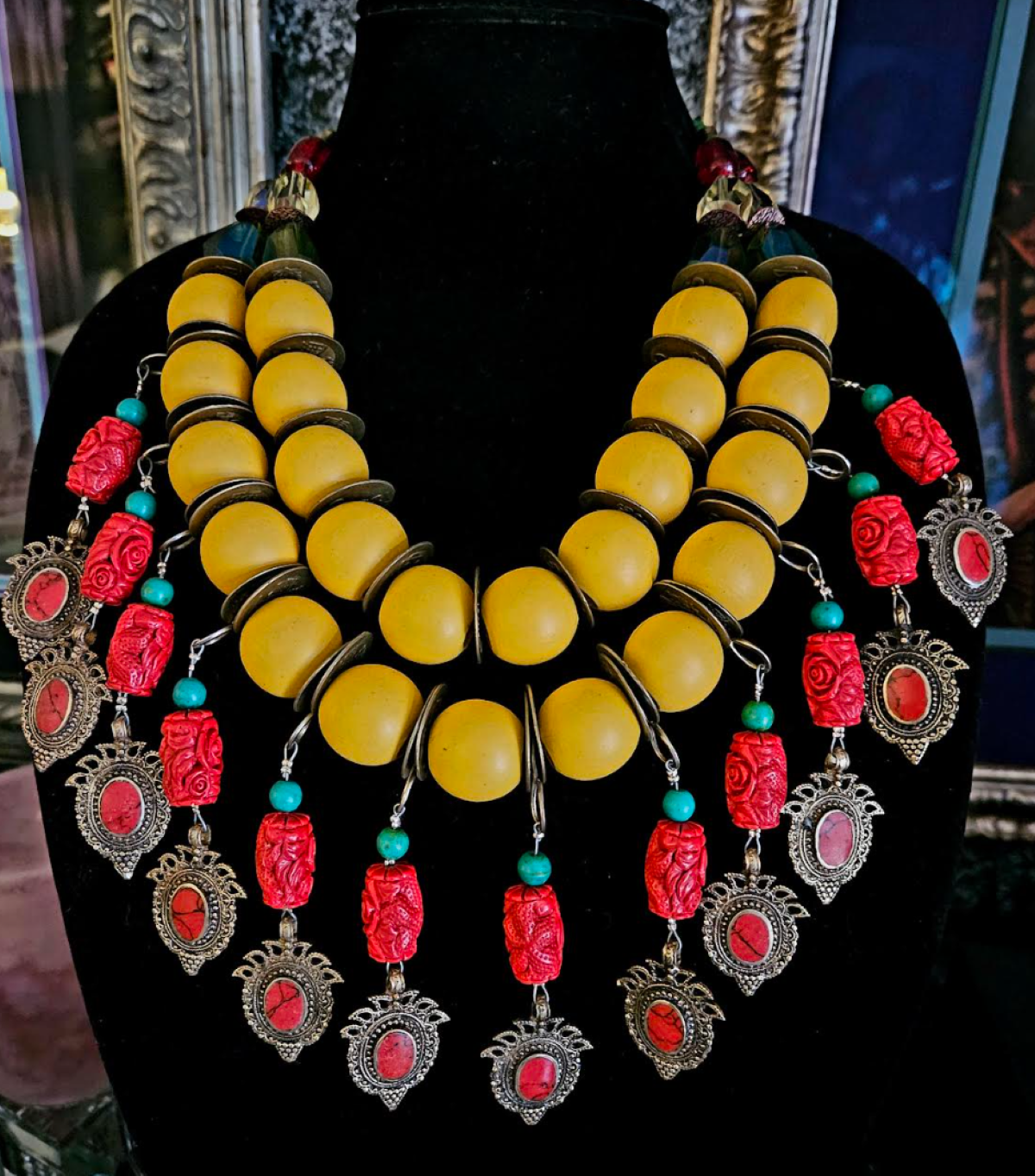 Yellow Red Green Bead Dangle Tribal Luxury Necklace - Bespoke Couture