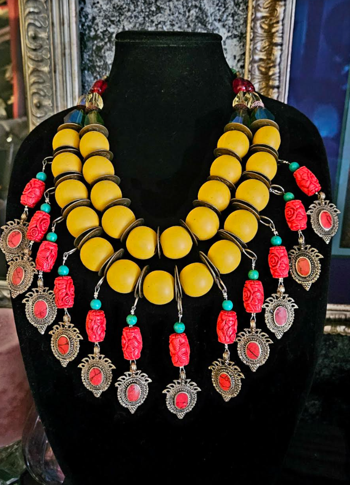 Yellow Red Green Bead Dangle Tribal Luxury Necklace - Bespoke Couture