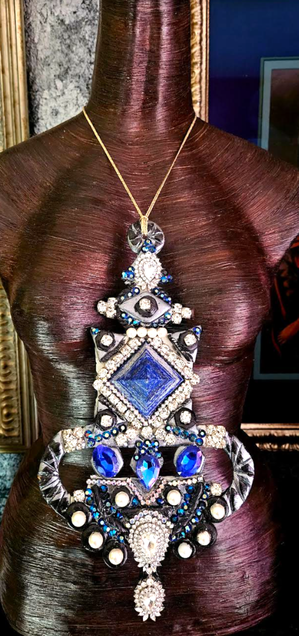 Lapis Lazuli Pyramid Jeweled Art Deco Sculpted Chest Piece - OOAK Candy