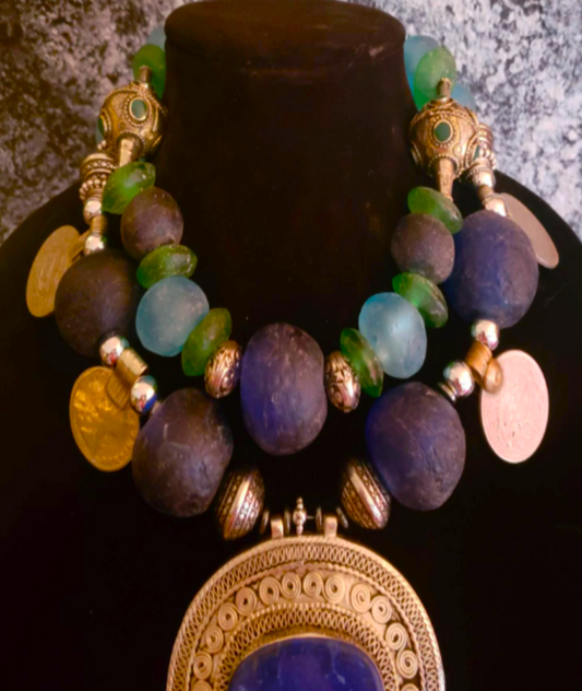 Turkmen Lapis Tribal Gemstone Pendant With African Glass & Kuchi Coin