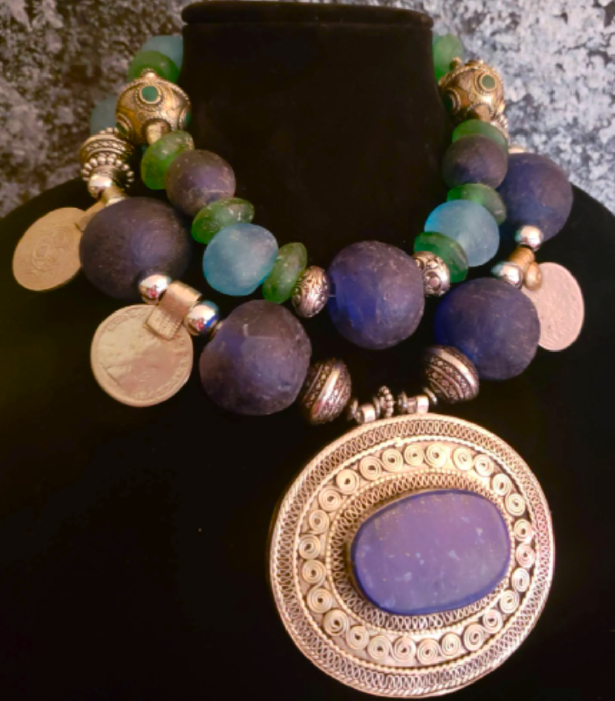 Turkmen Lapis Tribal Gemstone Pendant With African Glass & Kuchi Coin