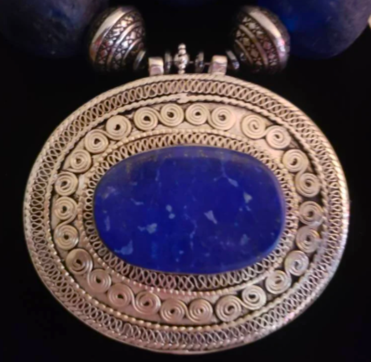 Turkmen Lapis Tribal Gemstone Pendant With African Glass & Kuchi Coin