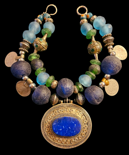 Turkmen Lapis Tribal Gemstone Pendant With African Glass & Kuchi Coin