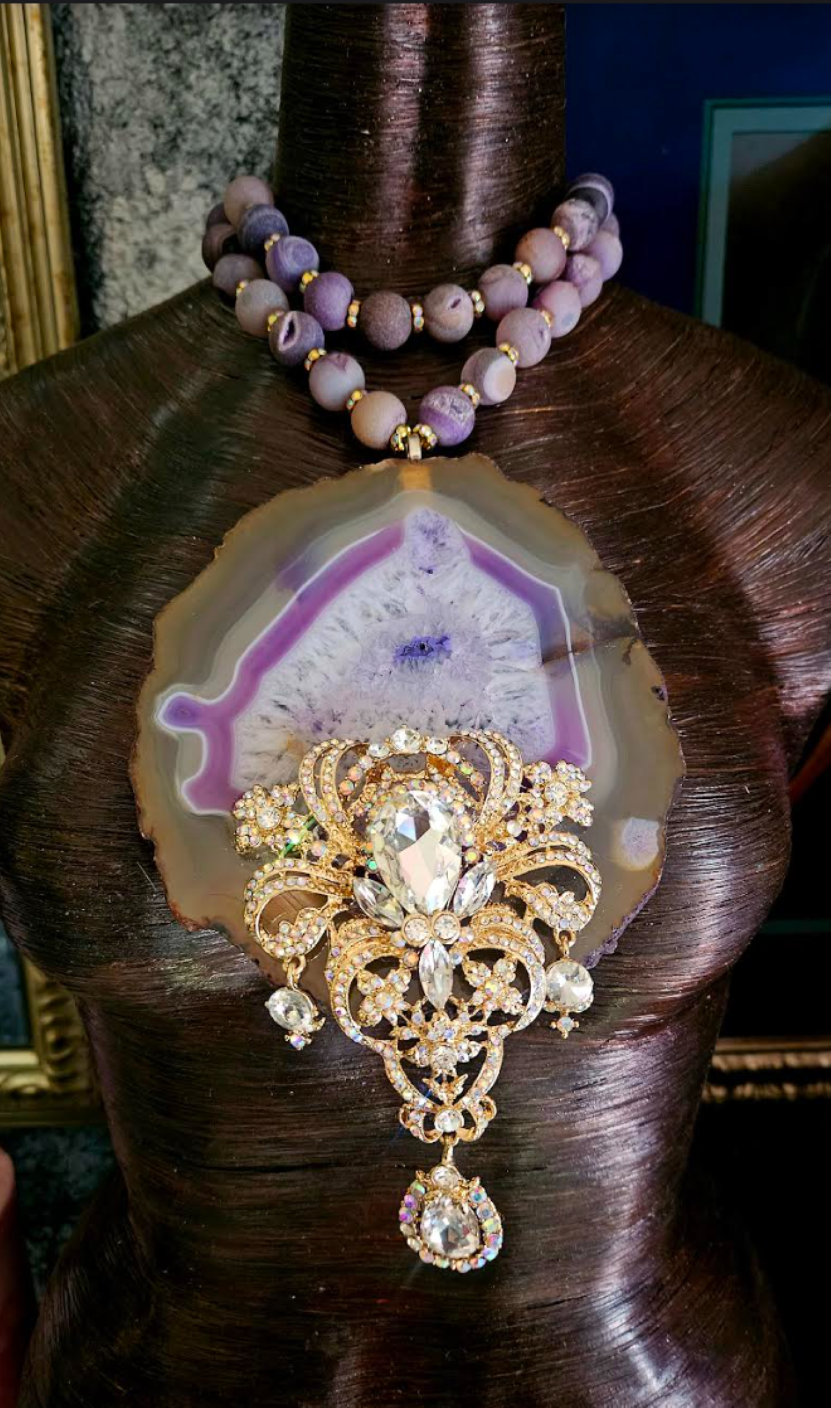 Huge Agate Pendant With Rhinestone Jewel - Frosted Purple Agate Choker