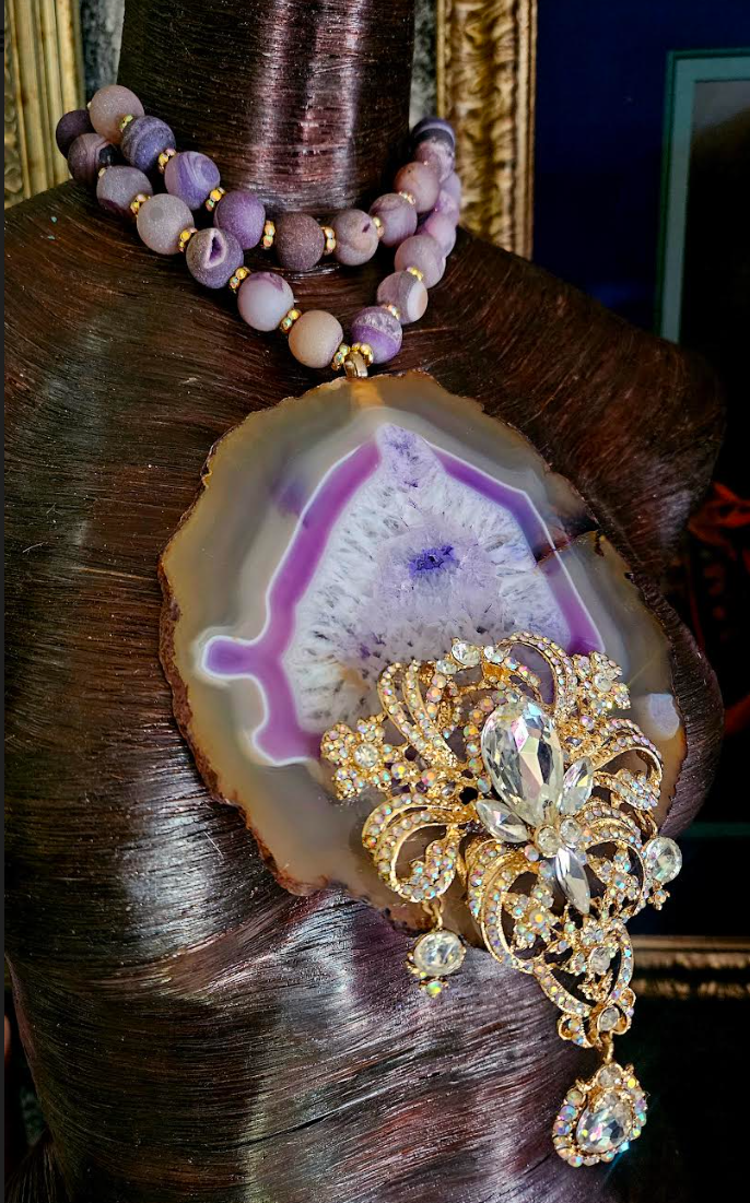 Huge Lavender Agate With Art Deco Rhinestone Gemstone Pendant, Purple