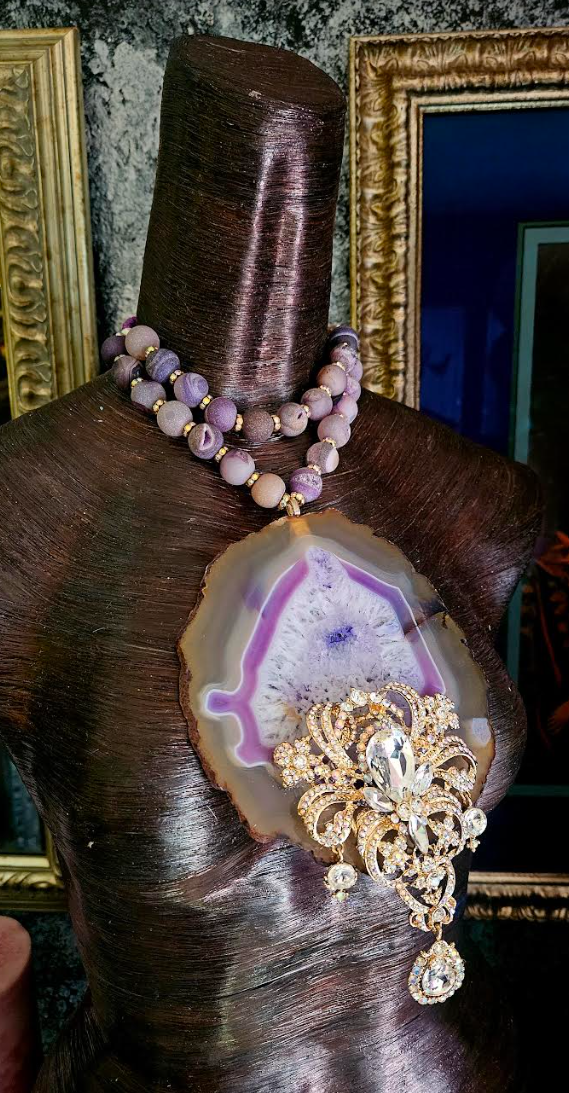 Huge Lavender Agate With Art Deco Rhinestone Gemstone Pendant, Purple