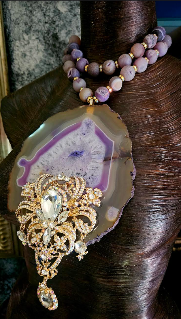 Huge Lavender Agate With Art Deco Rhinestone Gemstone Pendant, Purple