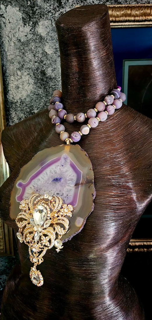 Huge Lavender Agate With Art Deco Rhinestone Gemstone Pendant, Purple