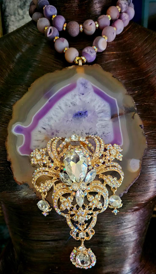 Huge Lavender Agate With Art Deco Rhinestone Gemstone Pendant, Purple