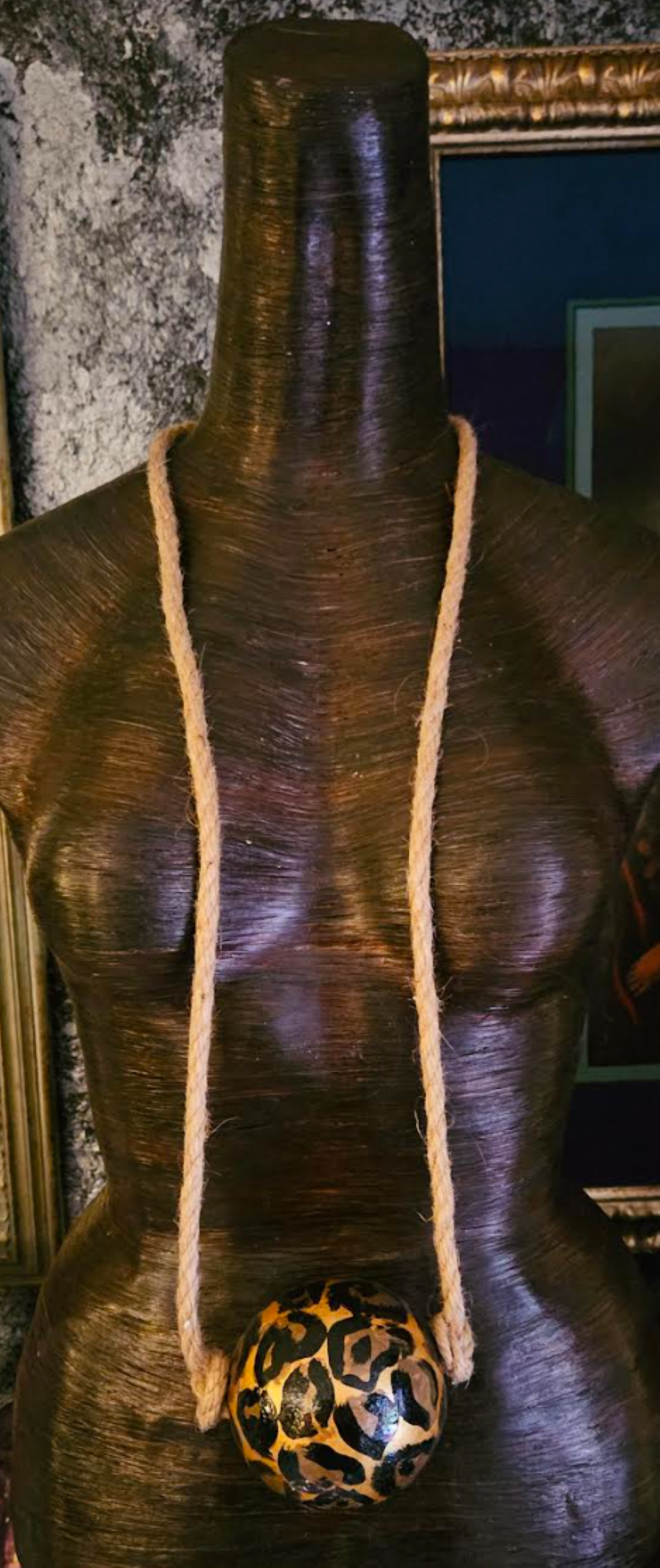 Hand Painted Leopard Ball Gemstone Pendant On A Jute Rope, Lagenlook