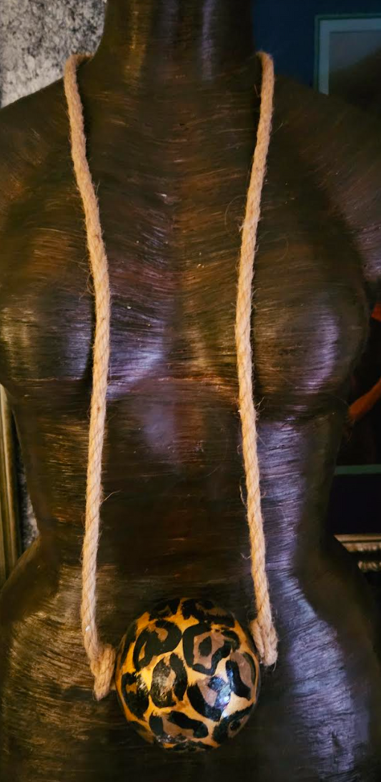 Hand Painted Leopard Ball Gemstone Pendant On A Jute Rope, Lagenlook