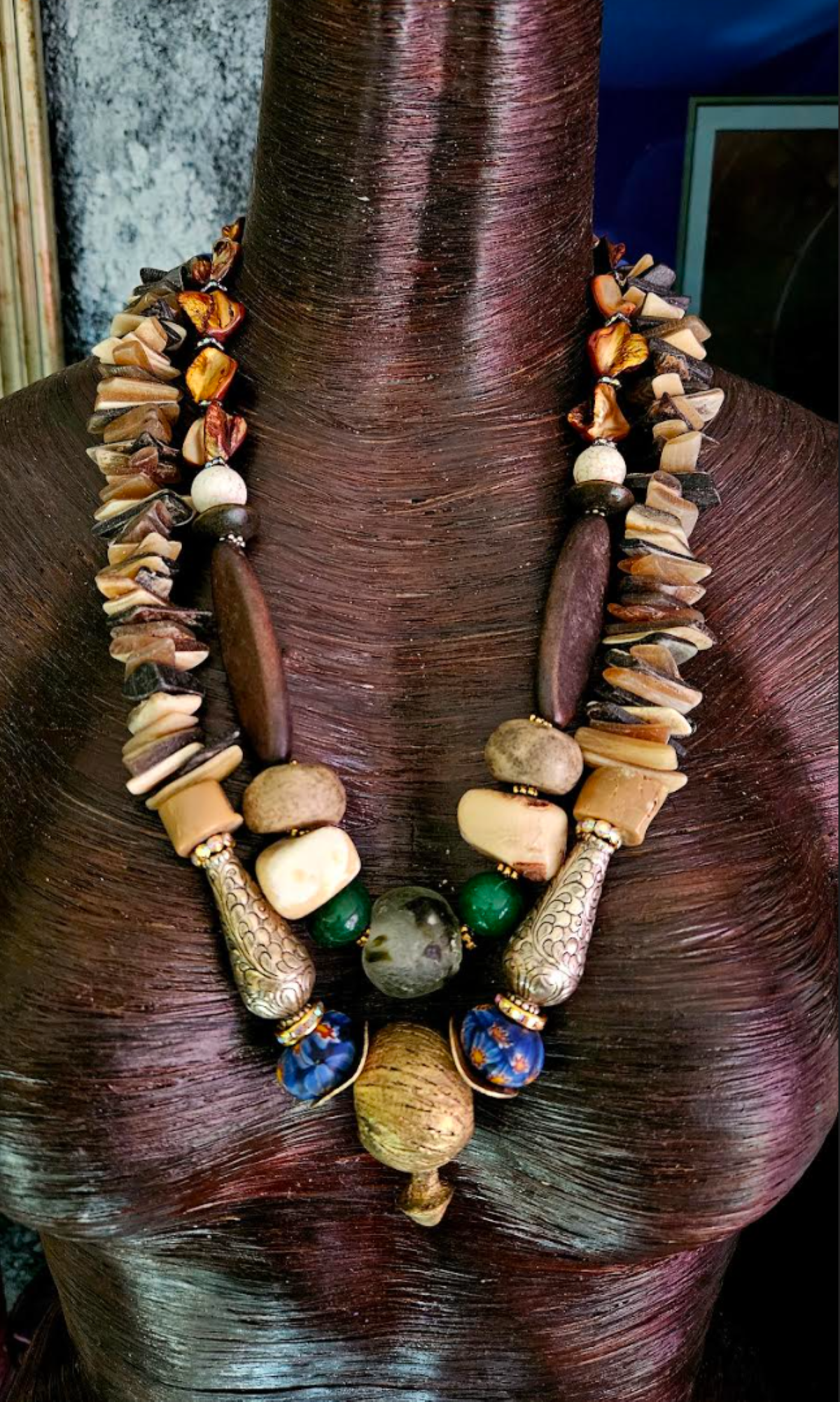 Mixed Media Earth Tone Two Strand Statement Luxury Necklace, Neutral O