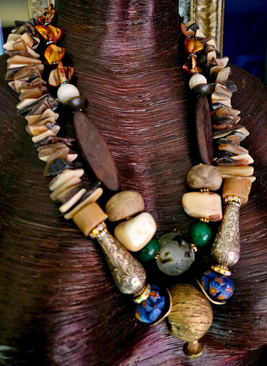 Mixed Media Earth Tone Two Strand Statement Luxury Necklace, Neutral O