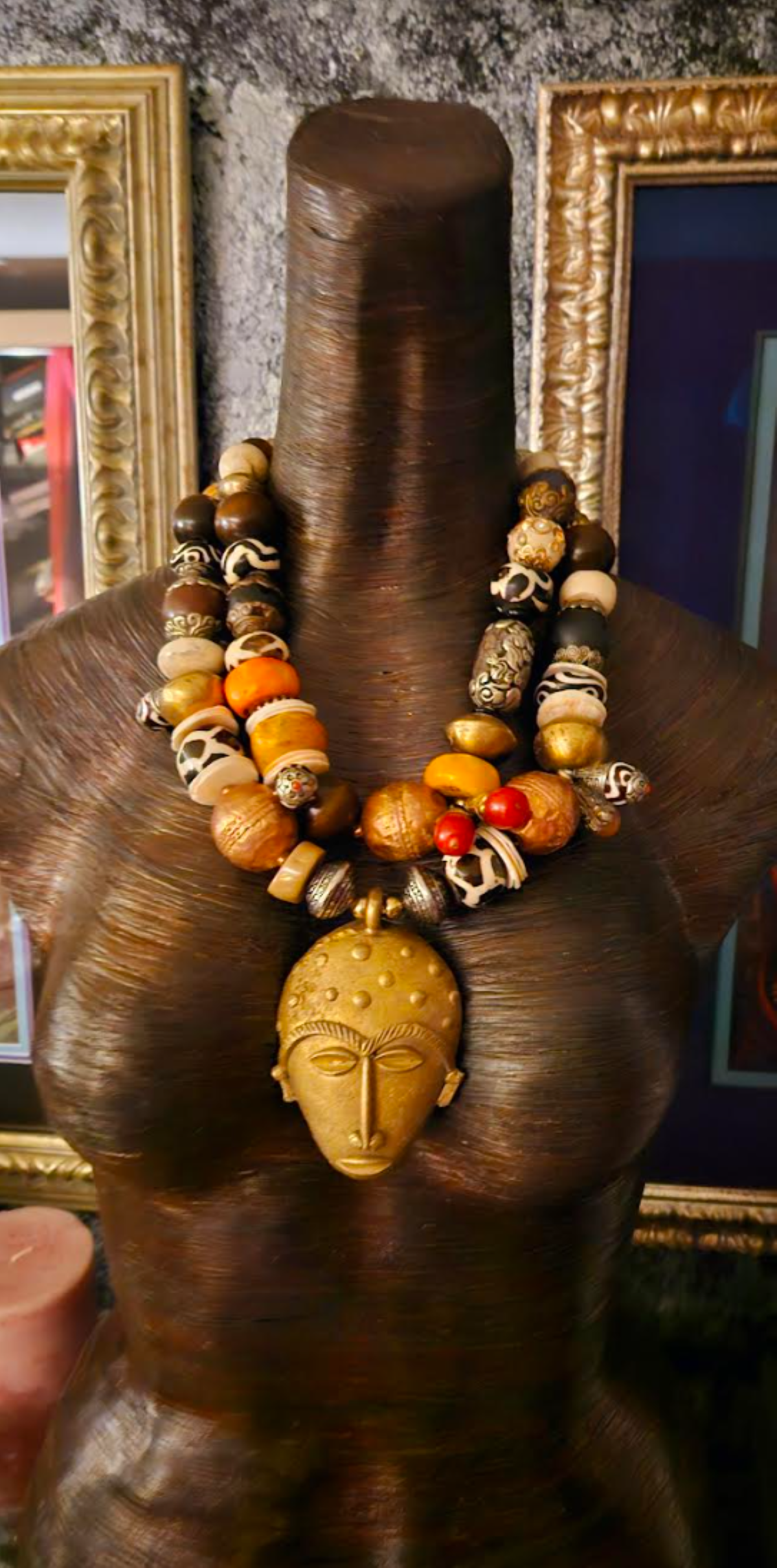 Ghana Mask Gemstone Pendant with Mixed Tribal Beaded Luxury Necklace
