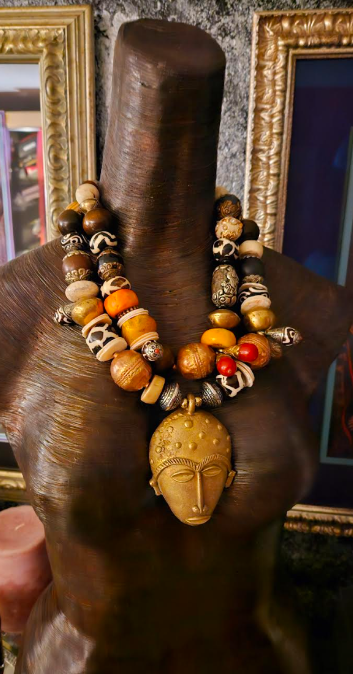 Ghana Mask Gemstone Pendant with Mixed Tribal Beaded Luxury Necklace