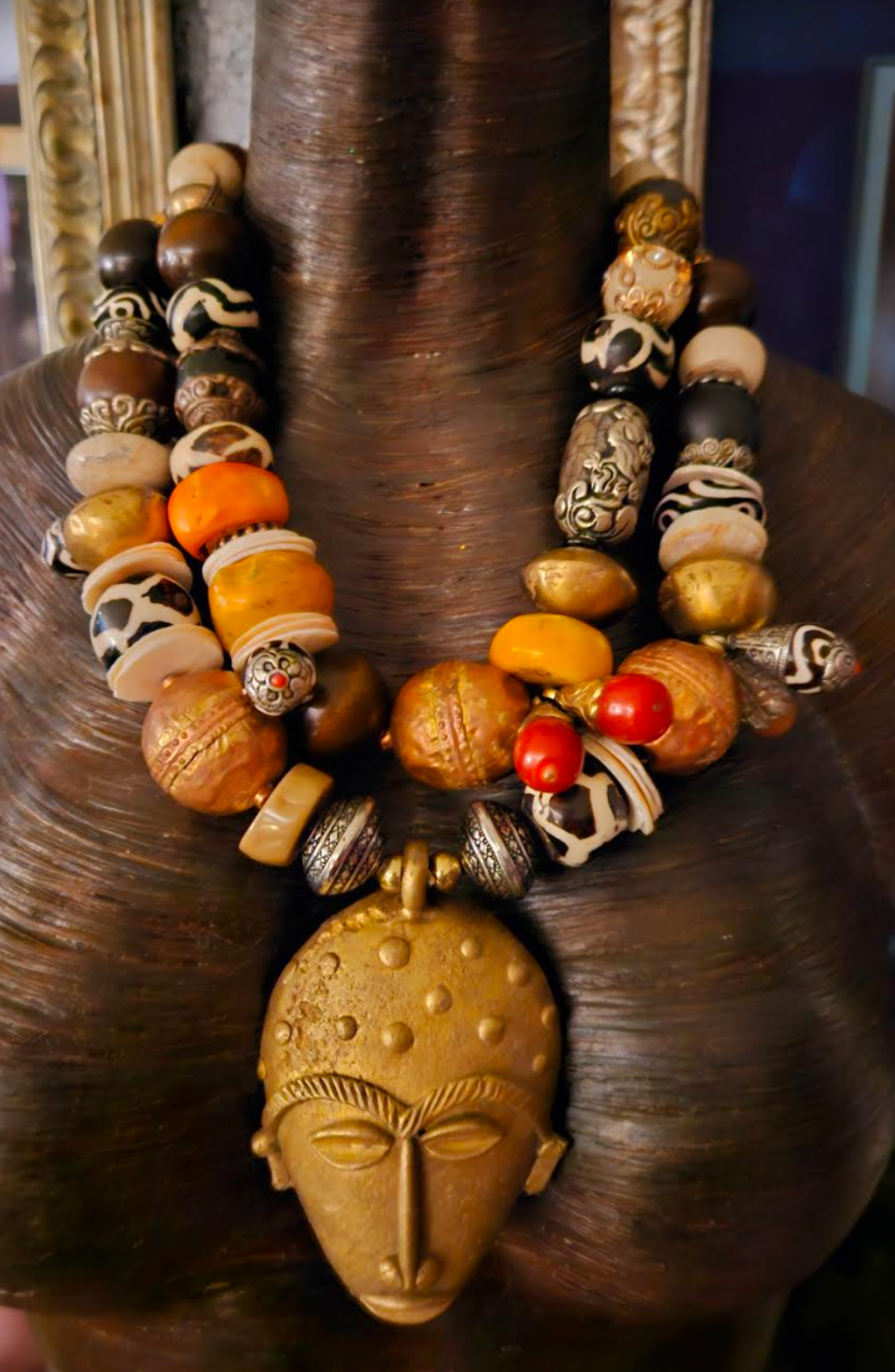 Ghana Mask Gemstone Pendant with Mixed Tribal Beaded Luxury Necklace