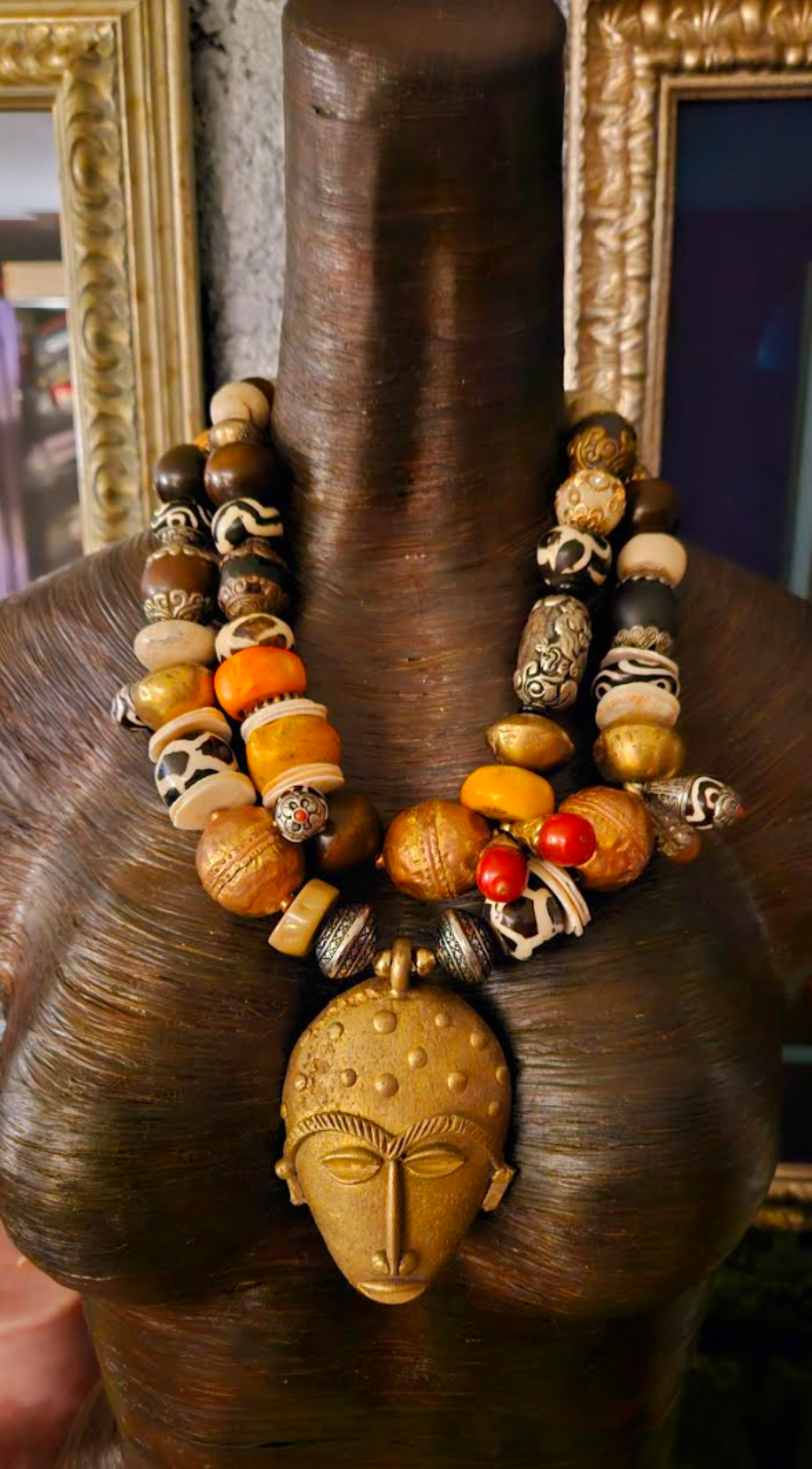 Ghana Mask Gemstone Pendant with Mixed Tribal Beaded Luxury Necklace