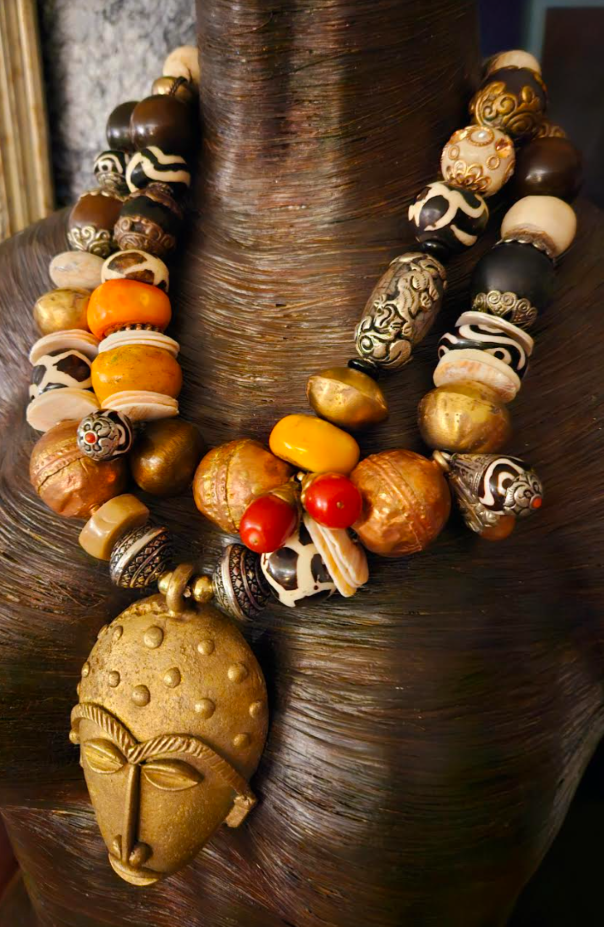 Ghana Mask Gemstone Pendant with Mixed Tribal Beaded Luxury Necklace