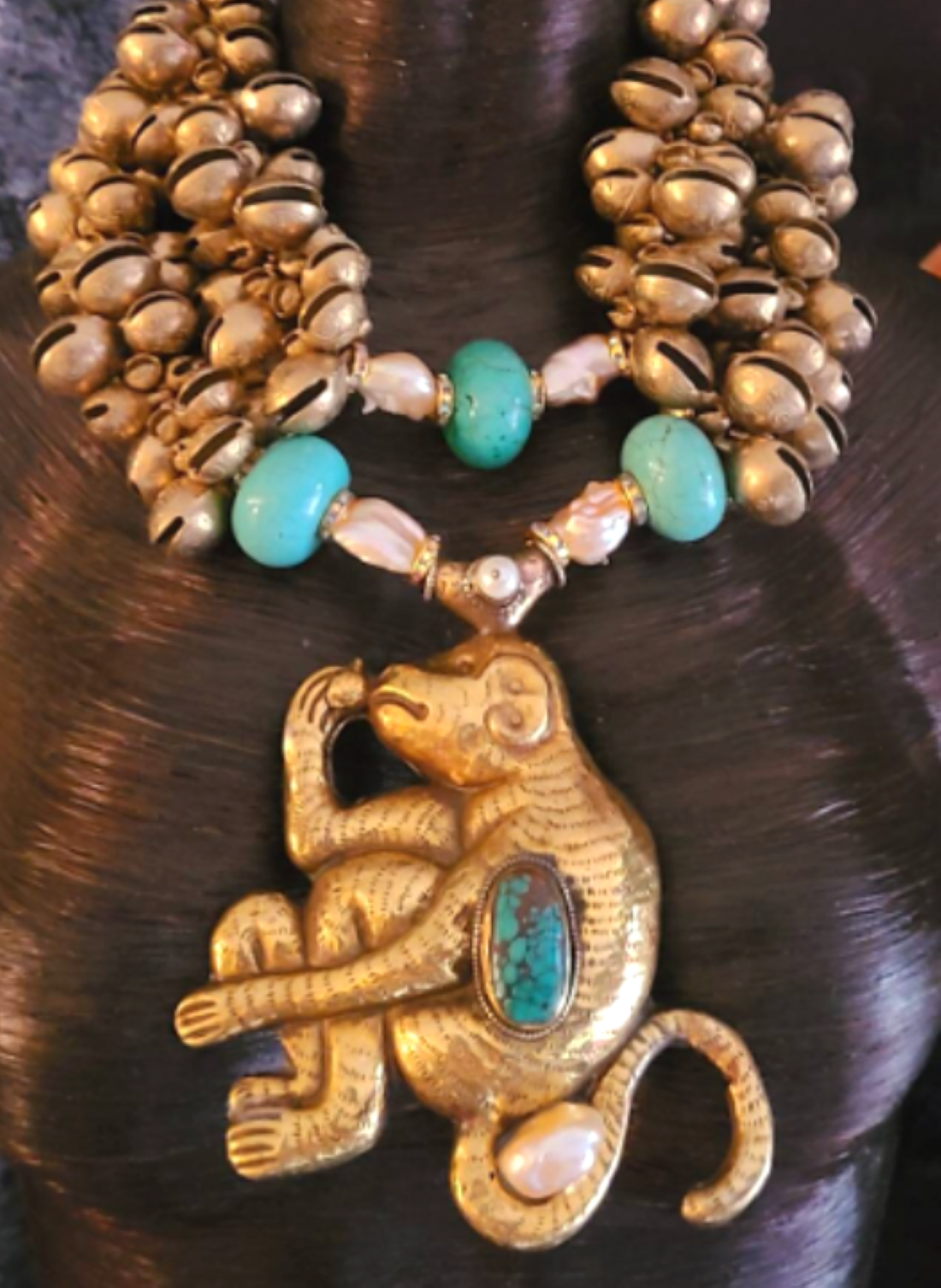 Asian Brass Chime & Tibetan Monkey Statement Luxury Necklace - Exotic