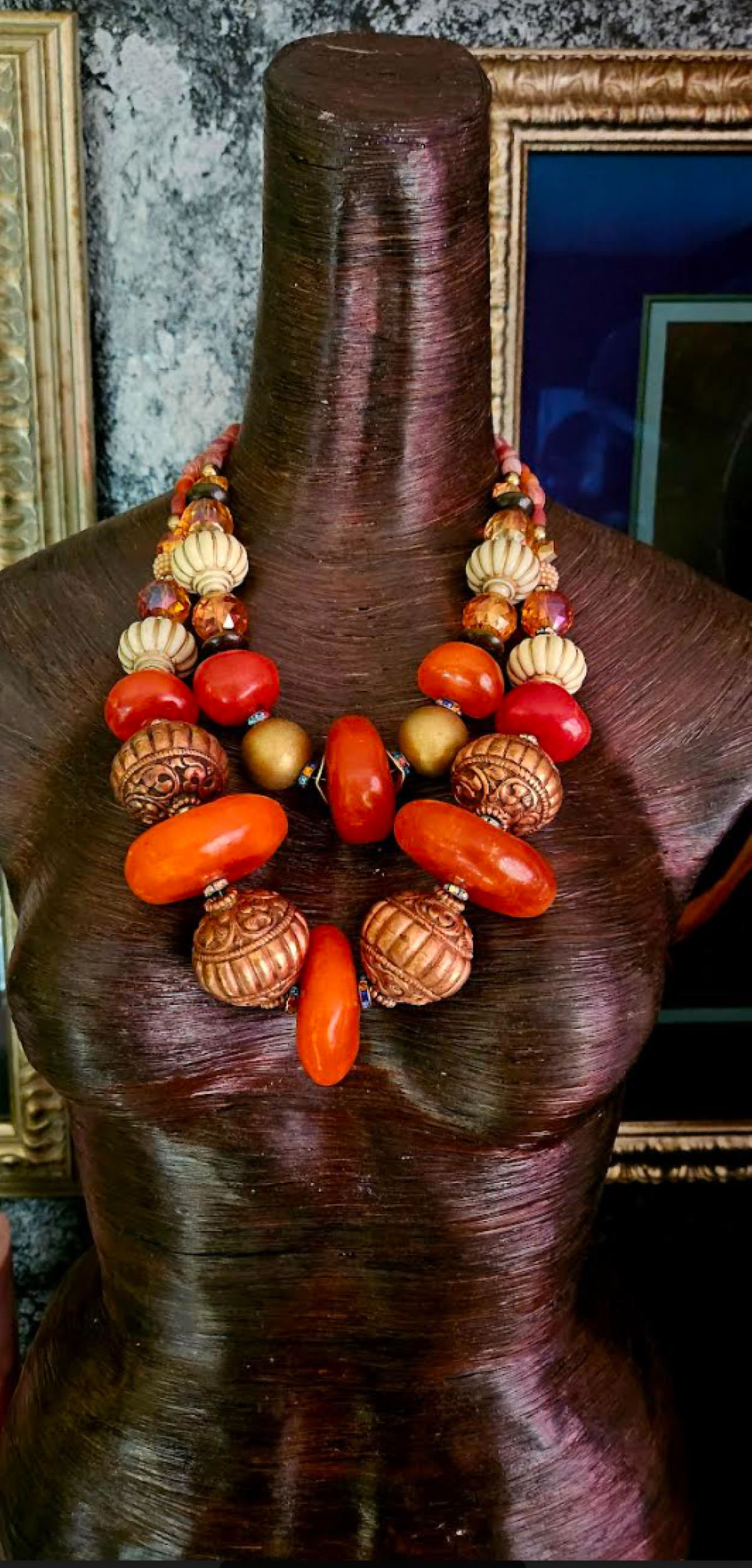 Bold Chunky Tribal Statement Necklace – Resin, Copper & Crystal Fusion