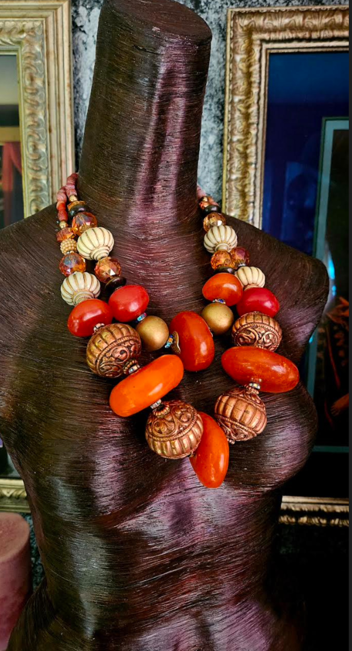 Bold Chunky Tribal Statement Necklace – Resin, Copper & Crystal Fusion