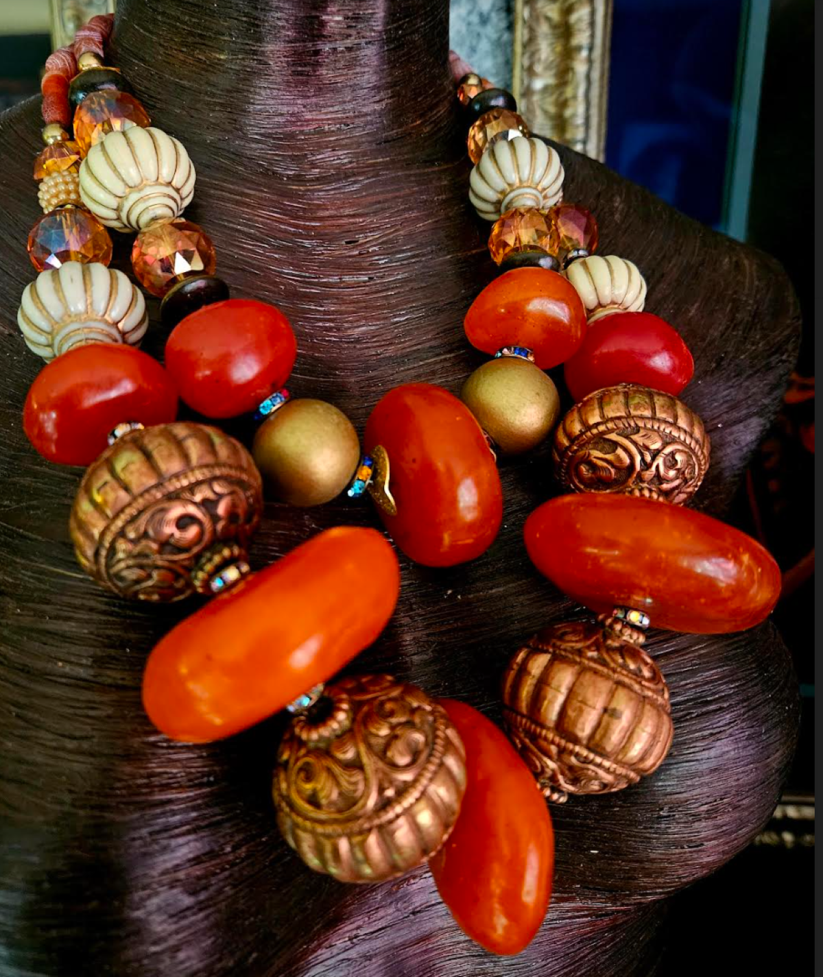 Bold Chunky Tribal Statement Necklace – Resin, Copper & Crystal Fusion