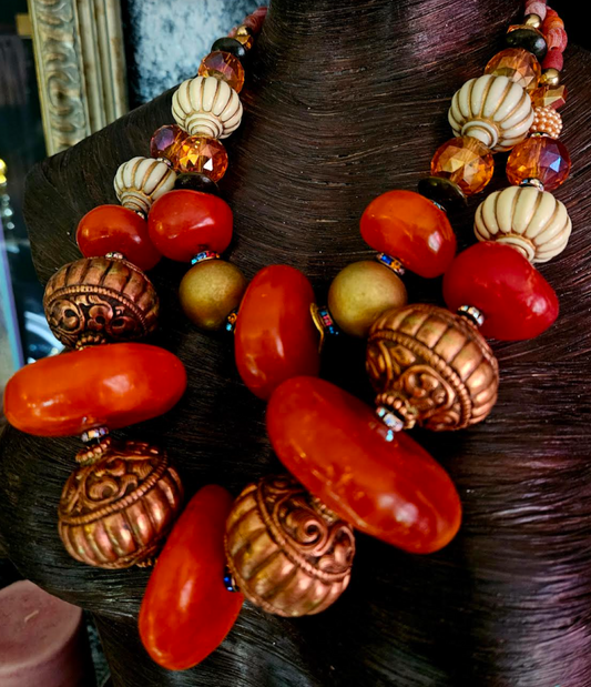 Bold Chunky Tribal Statement Necklace – Resin, Copper & Crystal Fusion