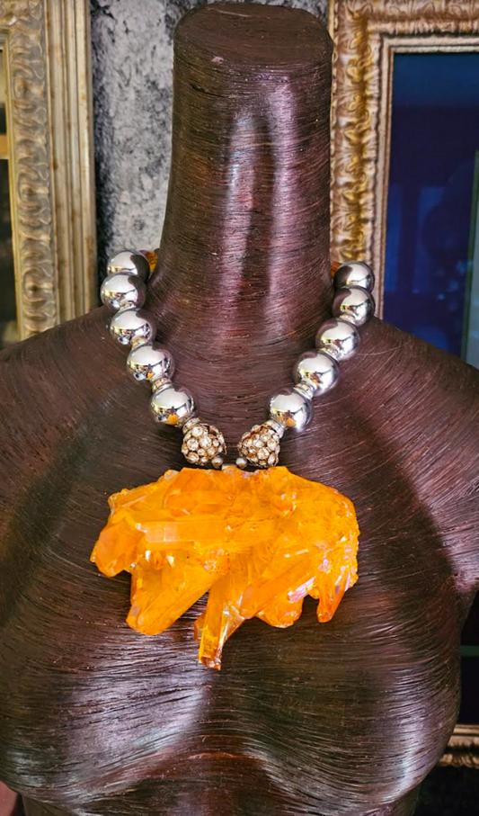 Orange Aura Rough Quartz Gemstone Pendant With Silver Ball Luxury Neck