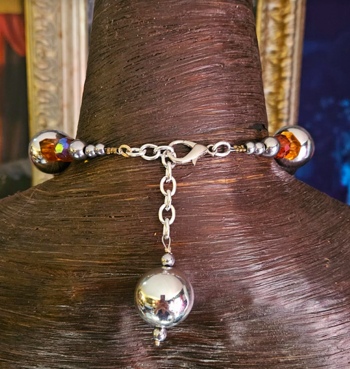 Orange Aura Quartz Gemstone Pendant With Bold Silver Ball Necklace