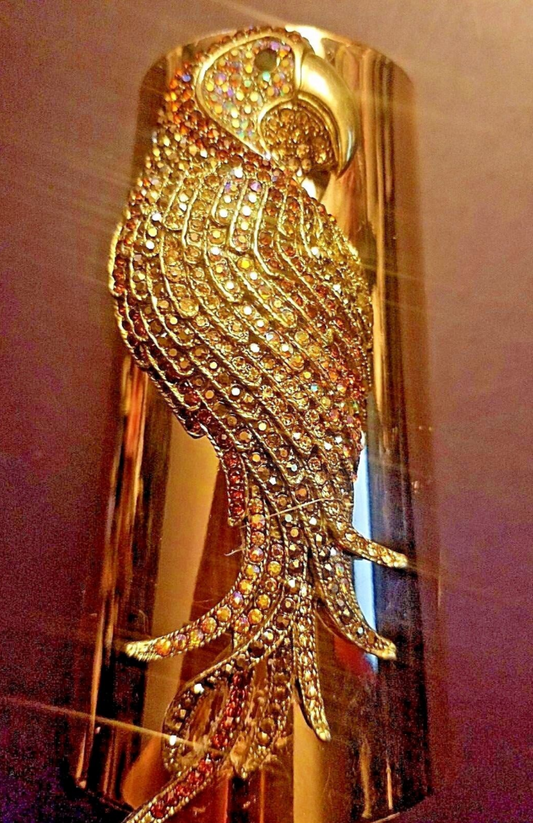 Wide Gold Tone Rhinestone Parrot Statement Cuff - Bling Wrist Candy