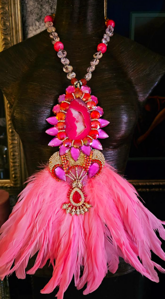 Pink & Red Art Deco Rhinestone Crystal and Feather Statement Pendan