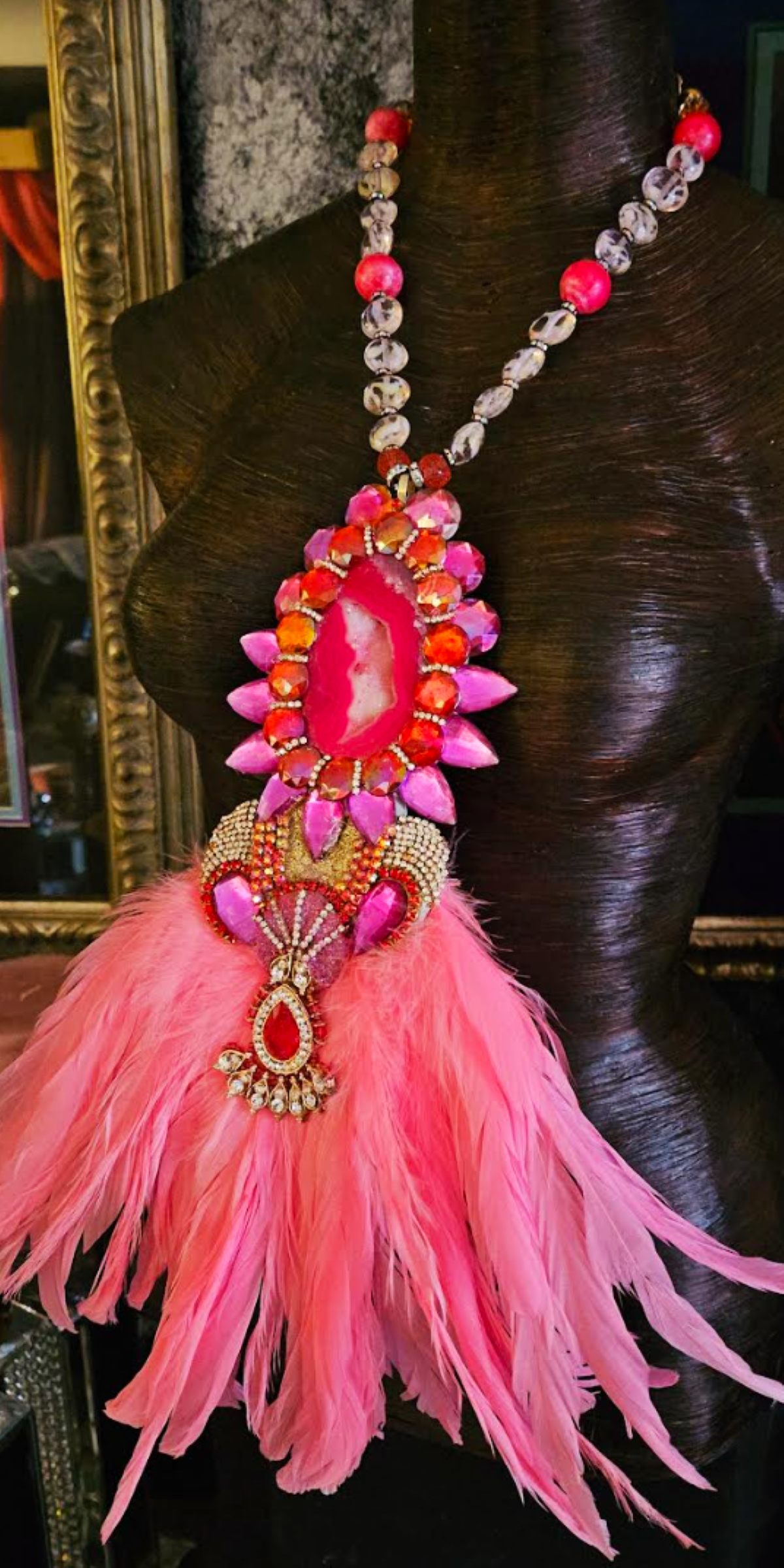 Pink & Red Art Deco Rhinestone Crystal and Feather Statement Pendan