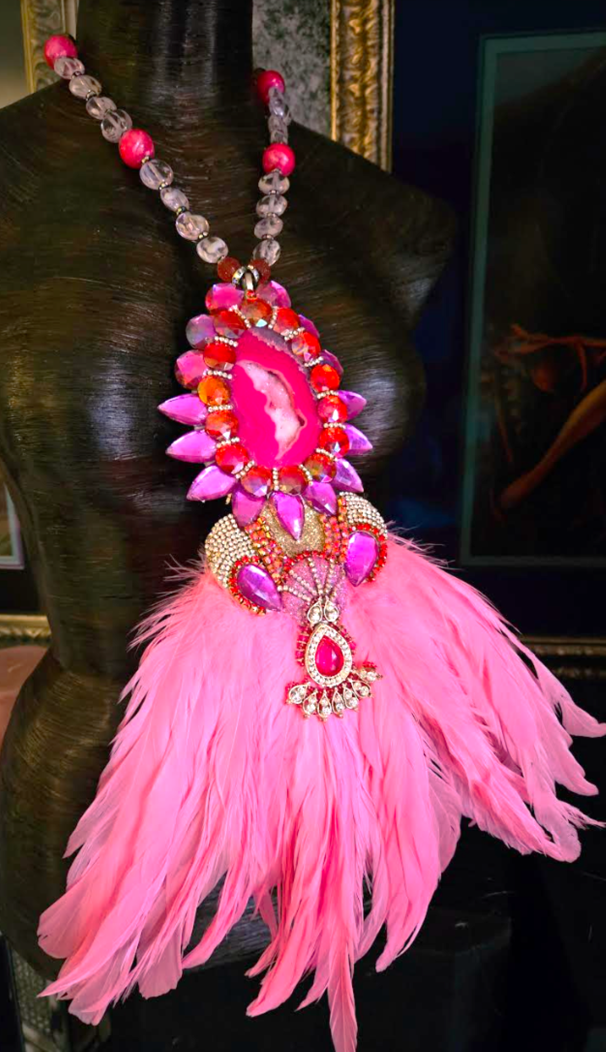 Pink & Red Art Deco Rhinestone Crystal and Feather Statement Pendan