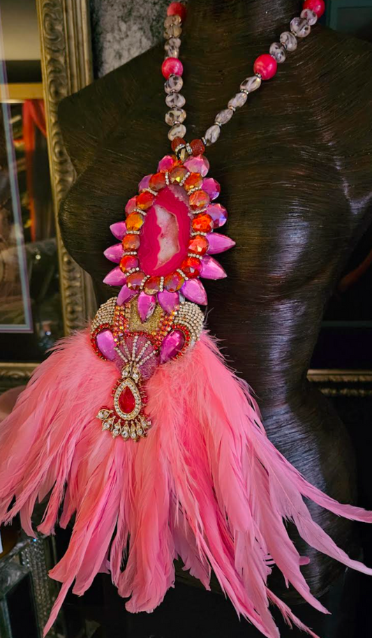 Pink & Red Art Deco Rhinestone Crystal and Feather Statement Pendan