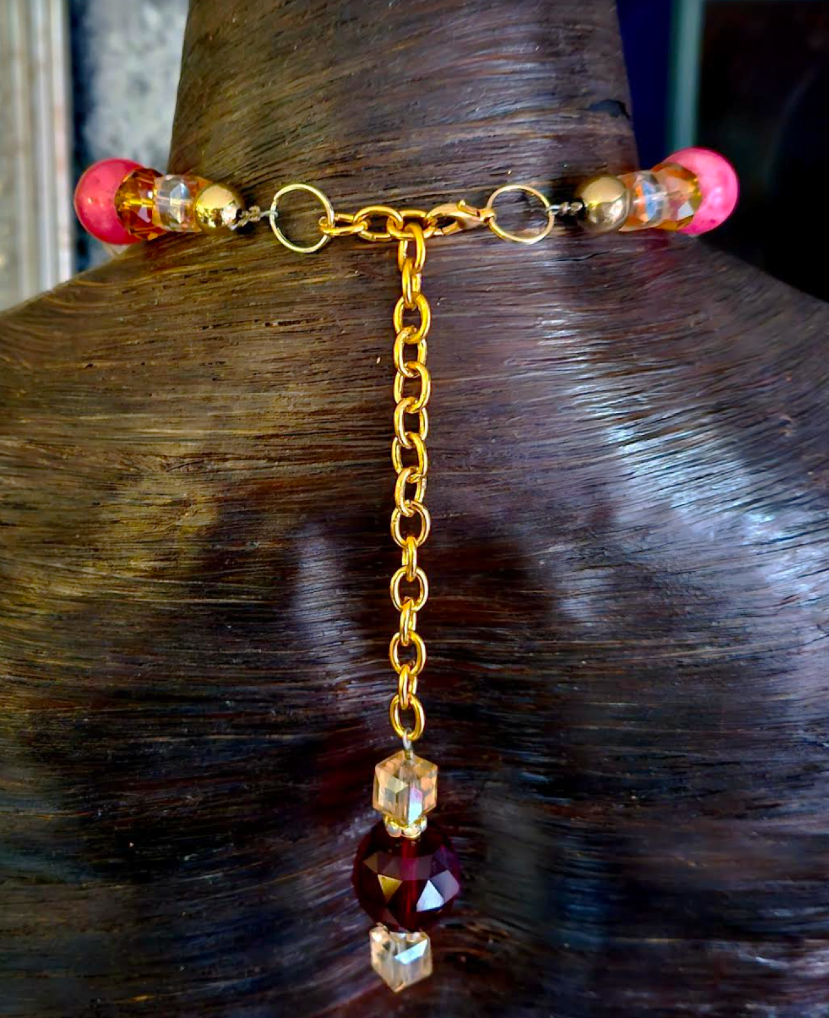 Pink & Red Art Deco Rhinestone Crystal and Feather Statement Pendan