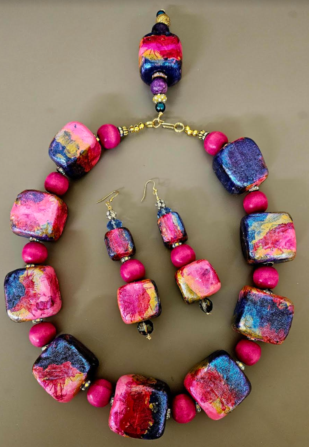 Sculpted Alcohol Ink Cube Statement Luxury Necklace & Matching Earring