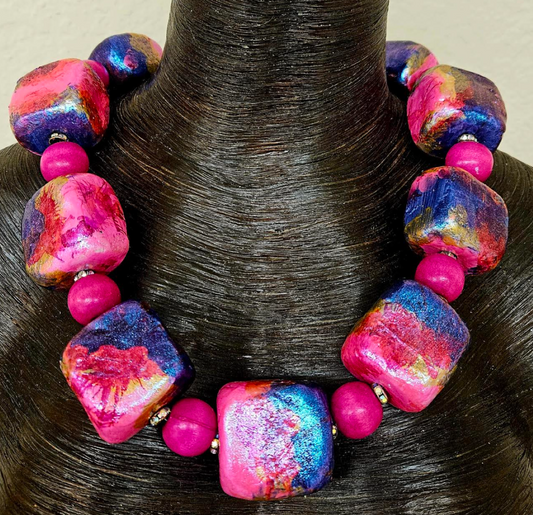 Sculpted Alcohol Ink Cube Statement Luxury Necklace & Matching Earring