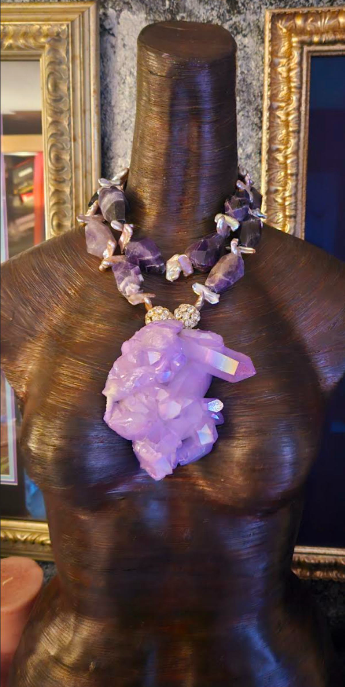 Freshwater Pearl & Chevron Amethyst Necklace - Purple Aura Quartz