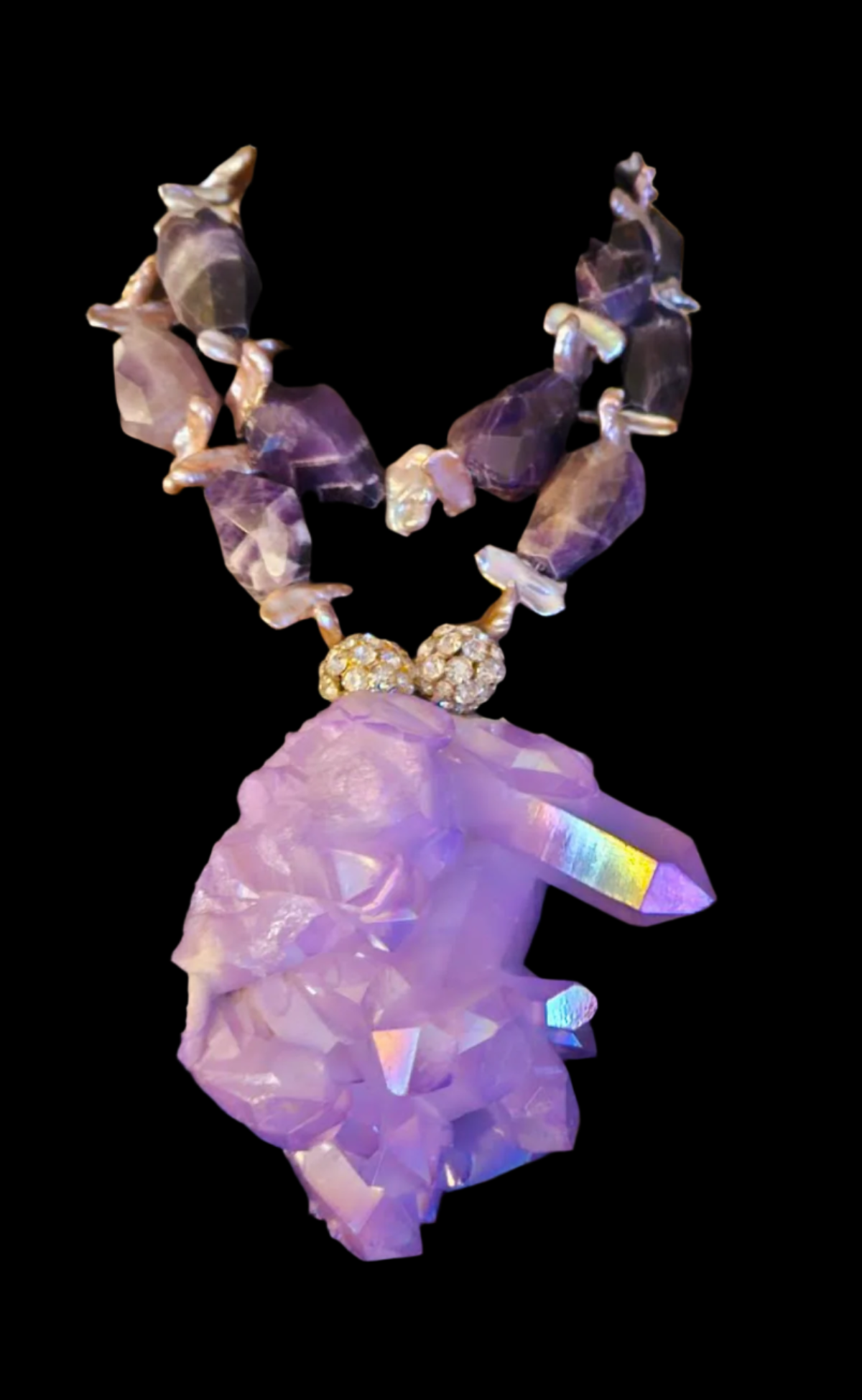 Freshwater Pearl & Chevron Amethyst Necklace - Purple Aura Quartz