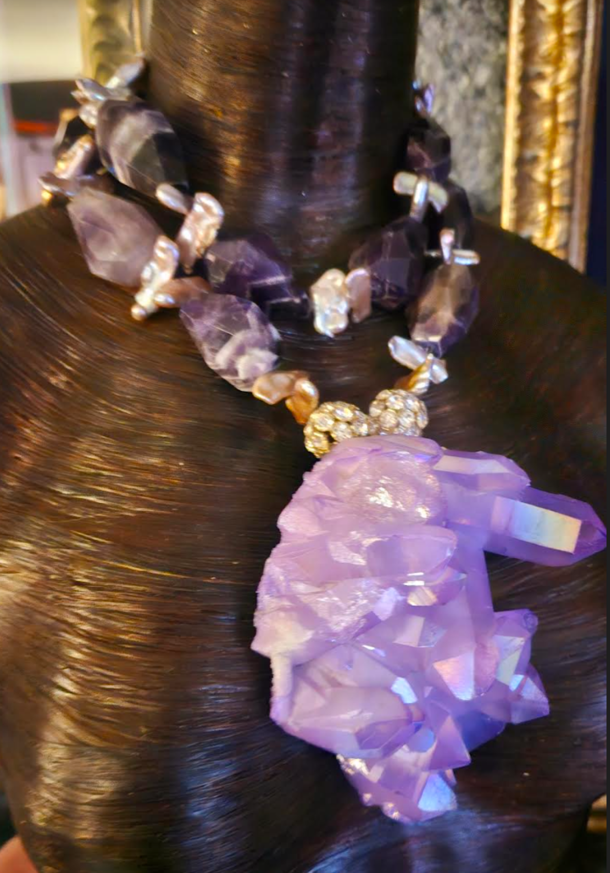 Freshwater Pearl & Chevron Amethyst Necklace - Purple Aura Quartz