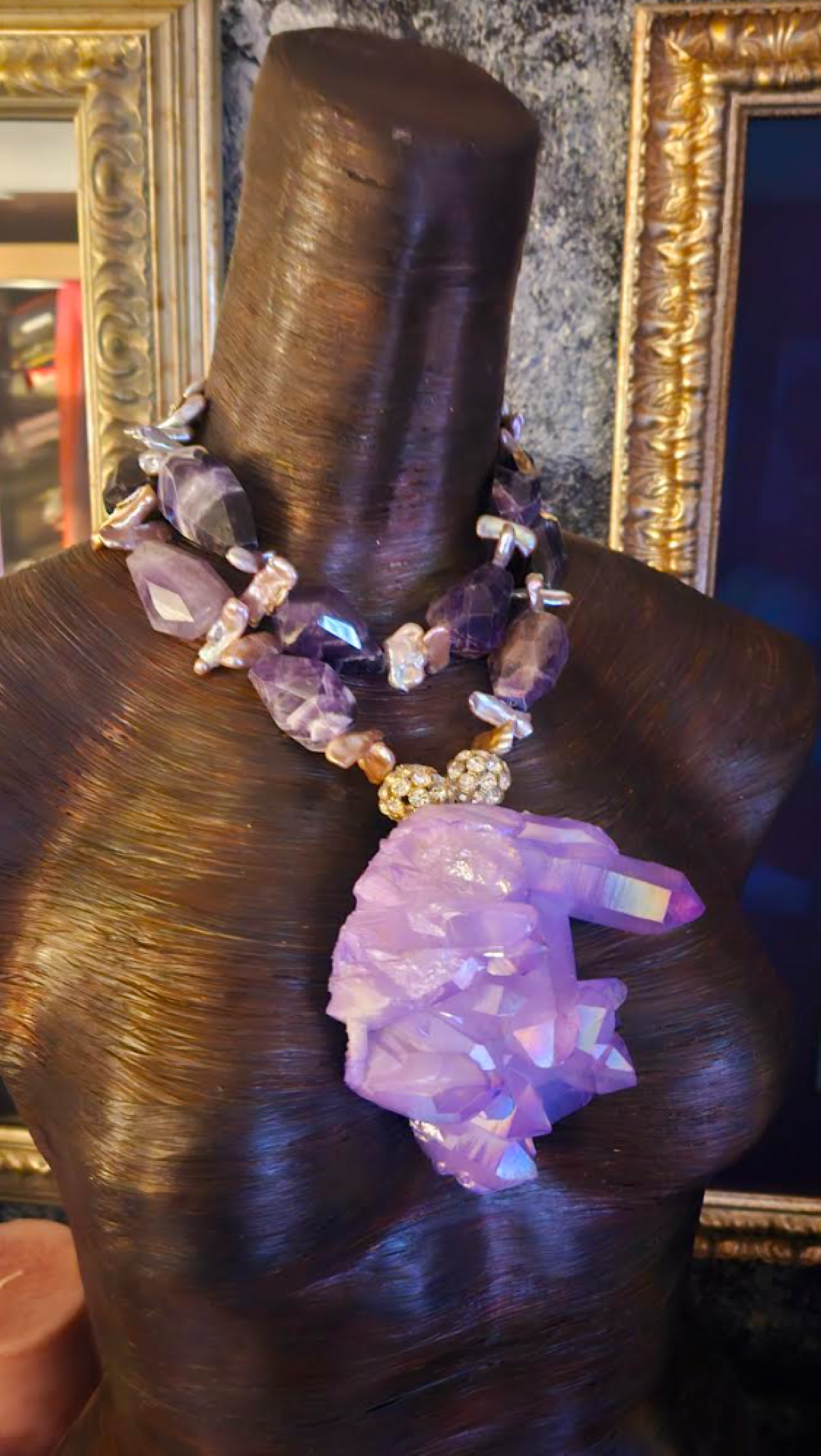 Freshwater Pearl & Chevron Amethyst Necklace - Purple Aura Quartz