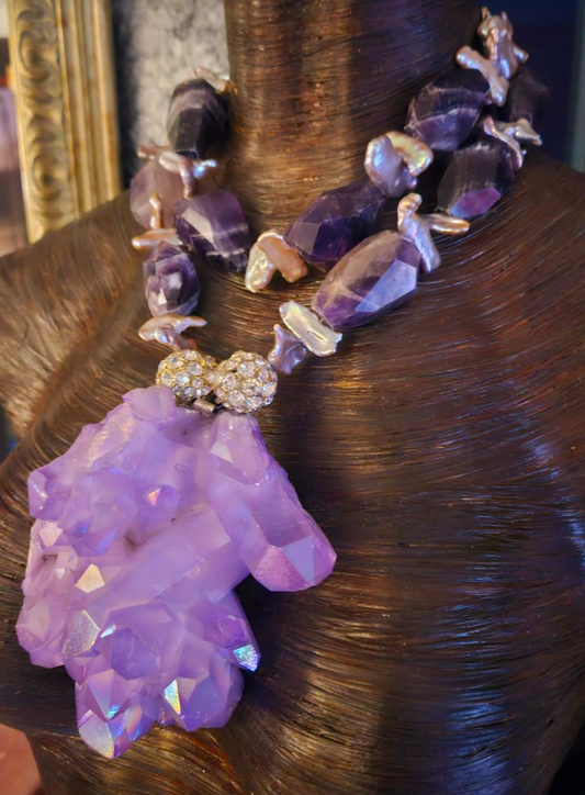 Freshwater Pearl & Chevron Amethyst Necklace - Purple Aura Quartz