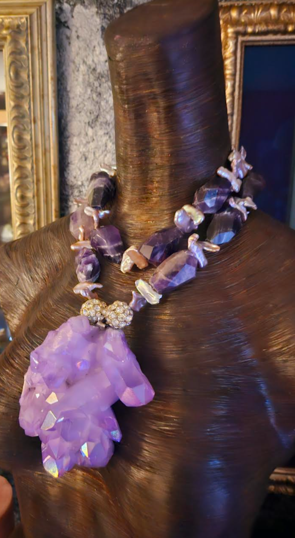 Freshwater Pearl & Chevron Amethyst Necklace - Purple Aura Quartz